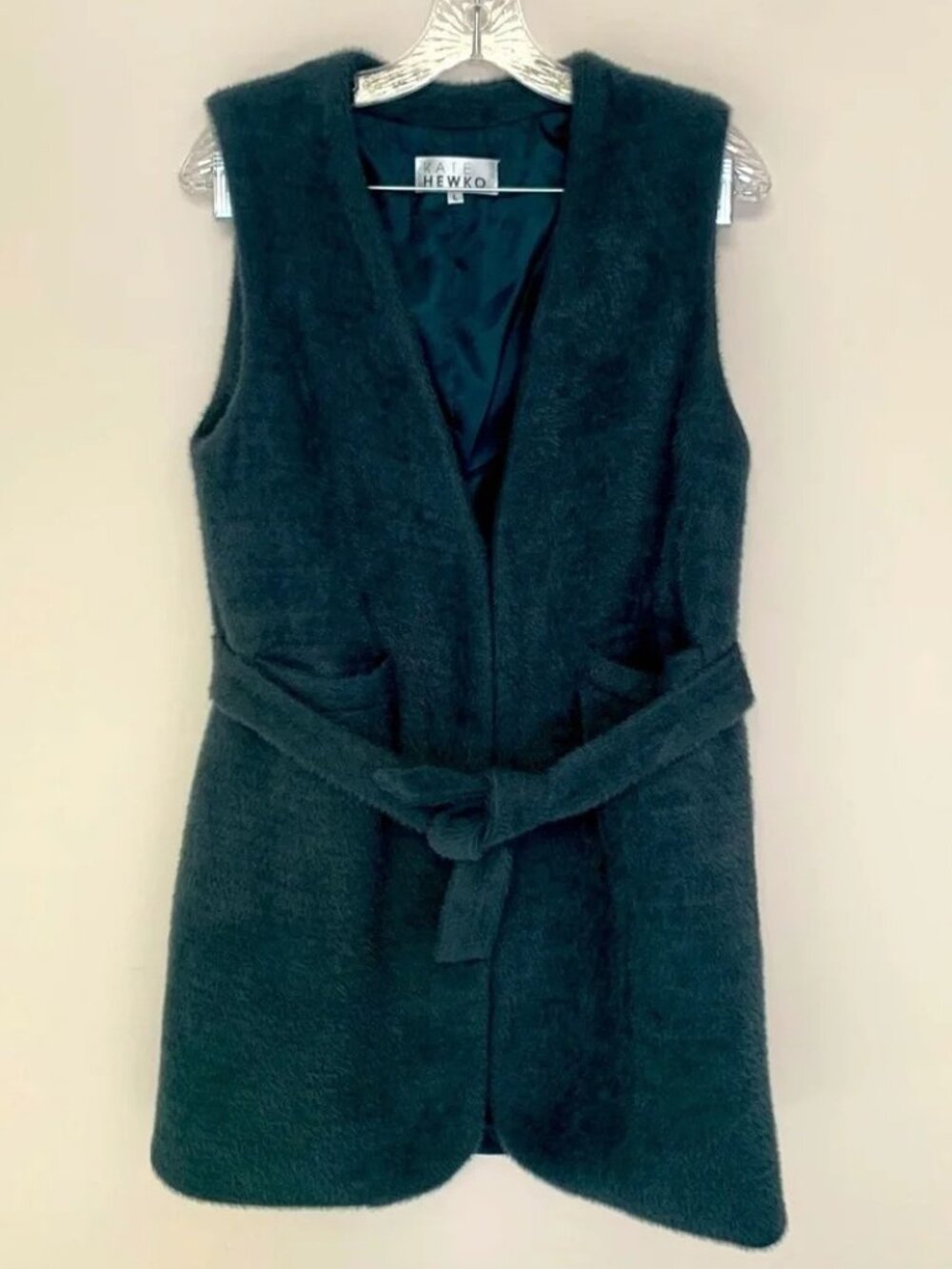 Kate Hewko Green Open Front  Sleeveless Belted Faux Fur Jacket L